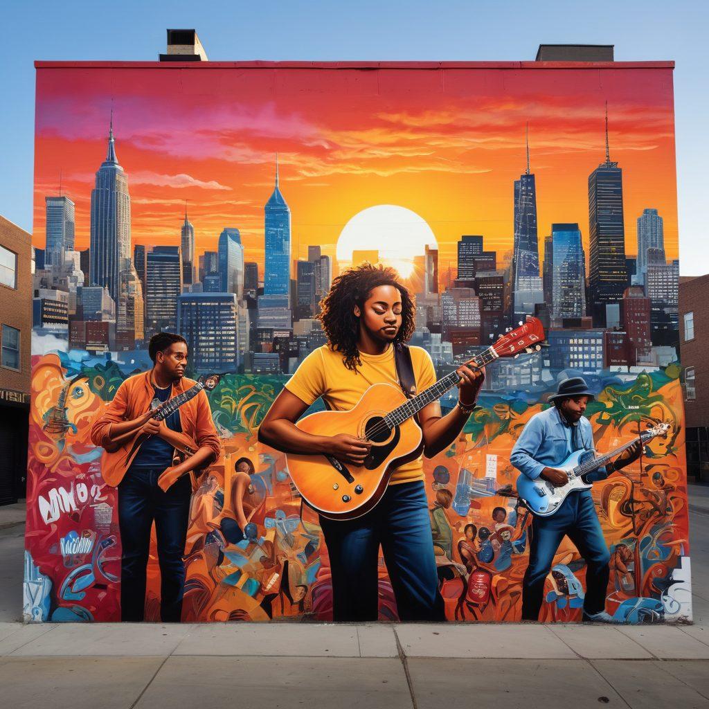 A dynamic urban mural showcasing diverse musicians and artists, merging graffiti art with vibrant street scenes and engaged community members, emanating an energy that celebrates cultural exchange. The backdrop is a city skyline at sunset, illuminating the creativity and passion of urban life. super-realistic. vibrant colors. 3D.