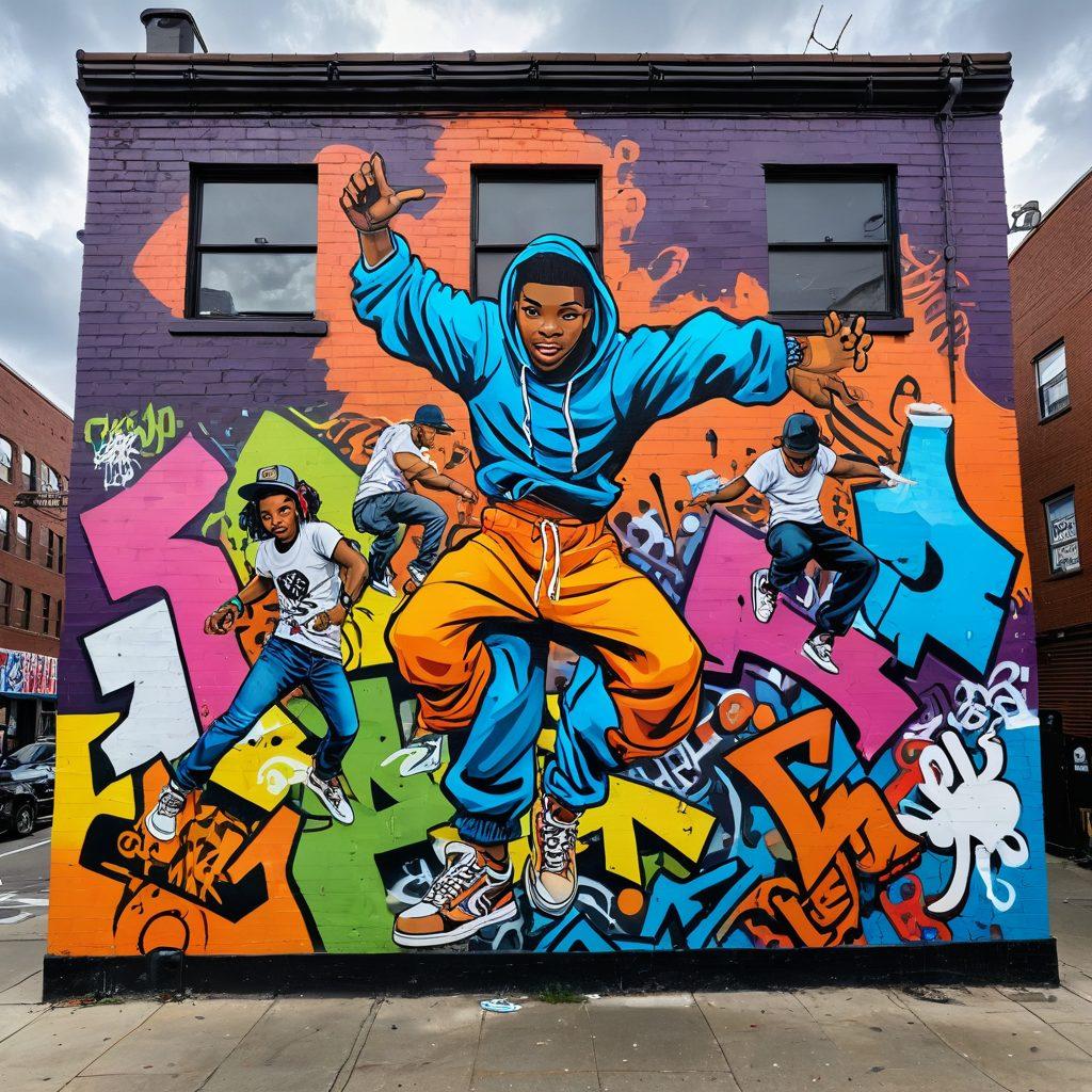 A vibrant urban mural showcasing diverse street art styles, featuring powerful symbols of hip hop culture like breakdancers, graffiti, and boom boxes. The scene portrays a lively city street filled with colorful characters, blending styles from traditional graffiti to modern digital art. Sunlight breaks through an overcast sky, illuminating the street art's bold colors and rich textures. The atmosphere is energetic, capturing the essence of youth culture and creativity. graffiti art, colorful, energetic, dynamic.