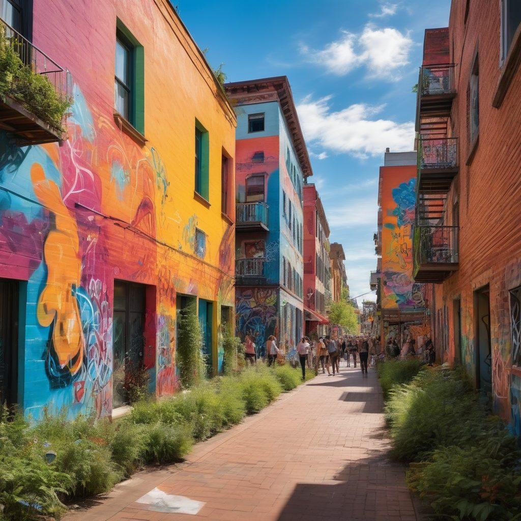 A vibrant urban landscape where graffiti murals blend seamlessly with vibrant street art, showcasing musicians painting with brushes on large canvases. In the foreground, a diverse group of artists passionately creating together, with music notes floating in the air. The setting should feel alive, reflecting a fusion of creativity and urban life, complete with colorful buildings and greenery peeking through. painting. vibrant colors. dynamic composition.